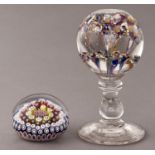 A French or Belgian glass pedestal paperweight, late 19th c, 11.5cm h and a later smaller spaced