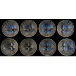 Coquilles. Eight Lalique semi opalescent glass bowls, c1930, 13cm diam, wheel cut mark R. LALIQUE