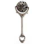 A Continental silver baby's rattle in the form of a ball on a handle, 20th c, 13.5cm, marked 925,