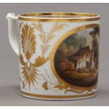 A Derby coffee can, c1810, painted with a picturesque cottage amidst trees in oval reserve between