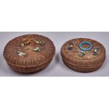 Two similar Chinese round baskets, early 20th c, the cover decorated with cash and glass beads, 22