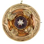 A split pearl star set red paste and gold target  brooch applied with flowers,  mid 19th c, locket