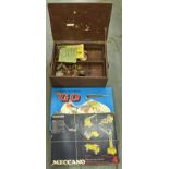 A quantity of Meccano in brown painted wood box, Meccano set 4 and a Waddington's Go board game