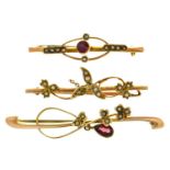 Three 9ct gold brooches, seed pearl and garnet set, 6.4g