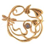 A  moonstone set 9ct gold openwork entrelac and  dragonfly brooch, in Art Nouveau style,  4.7g