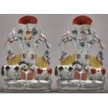 A pair of Staffordshire flatback spill holder groups of a horse and cow at a fountain, c1860, 25cm h