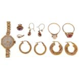 A Vertex 9ct gold octagonal  lady's wristwatch,  and miscellaneous articles of gold jewellery, 14g