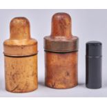 Treen.  Three glass iodine bottles in ebony or boxwood cases, early 20th c,  various sizes Good