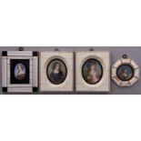 Four French decorative reproduction portrait miniatures of young women in ivory veneered frames,