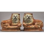 A pair of Staffordshire earthenware models of glass eyed lions, c1900,  25cm h Good condition