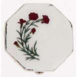 A George V octagonal silver and guilloche enamel compact, the lid painted with carnations on eau