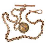 A  gold Albert with  T bar and swivel compass fob, c1910,  20g Side of compass slightly dented