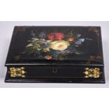 A Victorian papier mache work box, c1850, the sloping lid painted with flowers in gilt border,