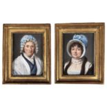 French School, 19th c - Portraits of two Ladies, head and shoulders, in a blue bonnet with plume