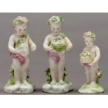 Three Derby figures of a child in a chaplet with a basket of flowers, c1780-1800, 11-13cm h, patch