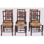 Five Lancashire ash spindle back chairs, 19th c, rush seated As a set in good condition