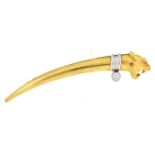 A white stone set gold tiger head and claw shaped two colour brooch, marked 375,  4.1g Good