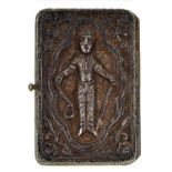 An Indian silver repousse cigarette case, c1900, with high relief full length figure decoration to