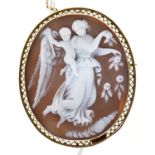 A   cameo brooch, the oval shell carved with Venus and Cupid, in pieced gold mount,  12g Good