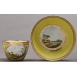 A Derby yellow ground teacup and saucer, the painting attributed to Zachariah Boreman, outside