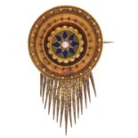 A Victorian gold and blue enamel brooch, c1870, with pearl target and fringe, locket back, 31mm