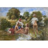 English School - Bathers, oil on board, squared for transfer, 26 x 37.5cm Good condition, gilding on