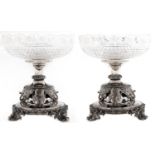 A pair of EPNS fruit stands, 20th c, in Victorian style, the cut glass bowl on flared support of