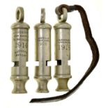 Three nickel general service alloy whistles, J Hudson & Co Birmingham, dated 1914, 1915 or 1916 Good