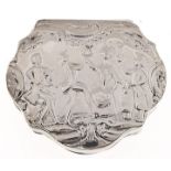 A Continental silver snuff box, of cartouche shape, the lid stamped with dancers, 56mm, import