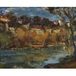 German School, 20th c - River Scene, indistinctly signed, oil on canvas, 35 x 43cm Good