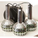 A set of three chromium plated metal and green glass hanging drumstick lights, 1970's, 28cm h Good