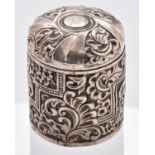 A Victorian silver canister and domed cover, die stamped with strapwork and foliage, Birmingham