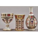 Two Royal Crown Derby Imari pattern vases and a goblet, 1982 and later, 11-16.5cm h, printed mark