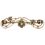 An Edwardian turquoise and split pearl bar brooch, in gold, of scrolling openwork form, maker JS and