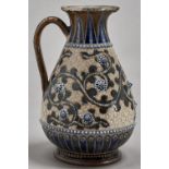 A silver mounted Doulton ware ewer, 1877, decorated by Edith D Lupton, with foliage, beading and