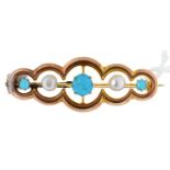 A Victorian turquoise and button pearl bar brooch, c1900, in gold, marked 9c,  2.3g Good condition