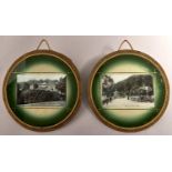 Two glass fabric and reproduction postcard wall hangings, in Victorian style, 19th c Nottingham