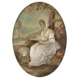 An oval embroidered silk picture of Adelaide, 19th c,  finely worked in a variety of stitches and