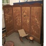 A Victorian walnut rocking footstool, a miniature caned stool and a fabric covered screen All