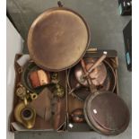 A quantity of Victorian and later copper and brass ware, to include three round oval kettles,
