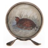 An Edwardian silver place stand set with a miniature of a grouse, 45mm h, by Grey & Co, Birmingham