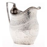 A George III silver cream jug,  engraved with bands of foliage, 10cm h, marks rubbed, London 1802,