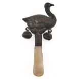 A George V silver swan novelty baby's rattle, with two bells and mother of pearl handle, 95mm, by