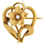 A split pearl and gold heart and flower brooch,  early 20th c, marked 15ct, 3g Good condition