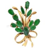 A South East Asian green stone spray brooch,  in gold marked 14k, 6.9g Good condition