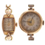 A 9ct gold lady's wristwatch, 25mm, Birmingham 1929 and another, each on plated bracelet Both in
