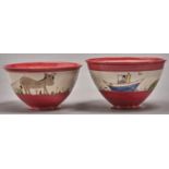 Folk Art. Two similar French slipware bowls, incised and painted between bright red borders, 22