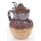 A Sheffield plate mounted saltglazed brown stoneware hunting jug, c1830, 17cm h Plating worn