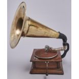 An oak table gramophone, c1920, with black painted iron bracket, nickel plated arm, reproducer and