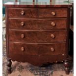 A Victorian mahogany bow front chest of drawers, c1880, fitted two short and three long graduated
